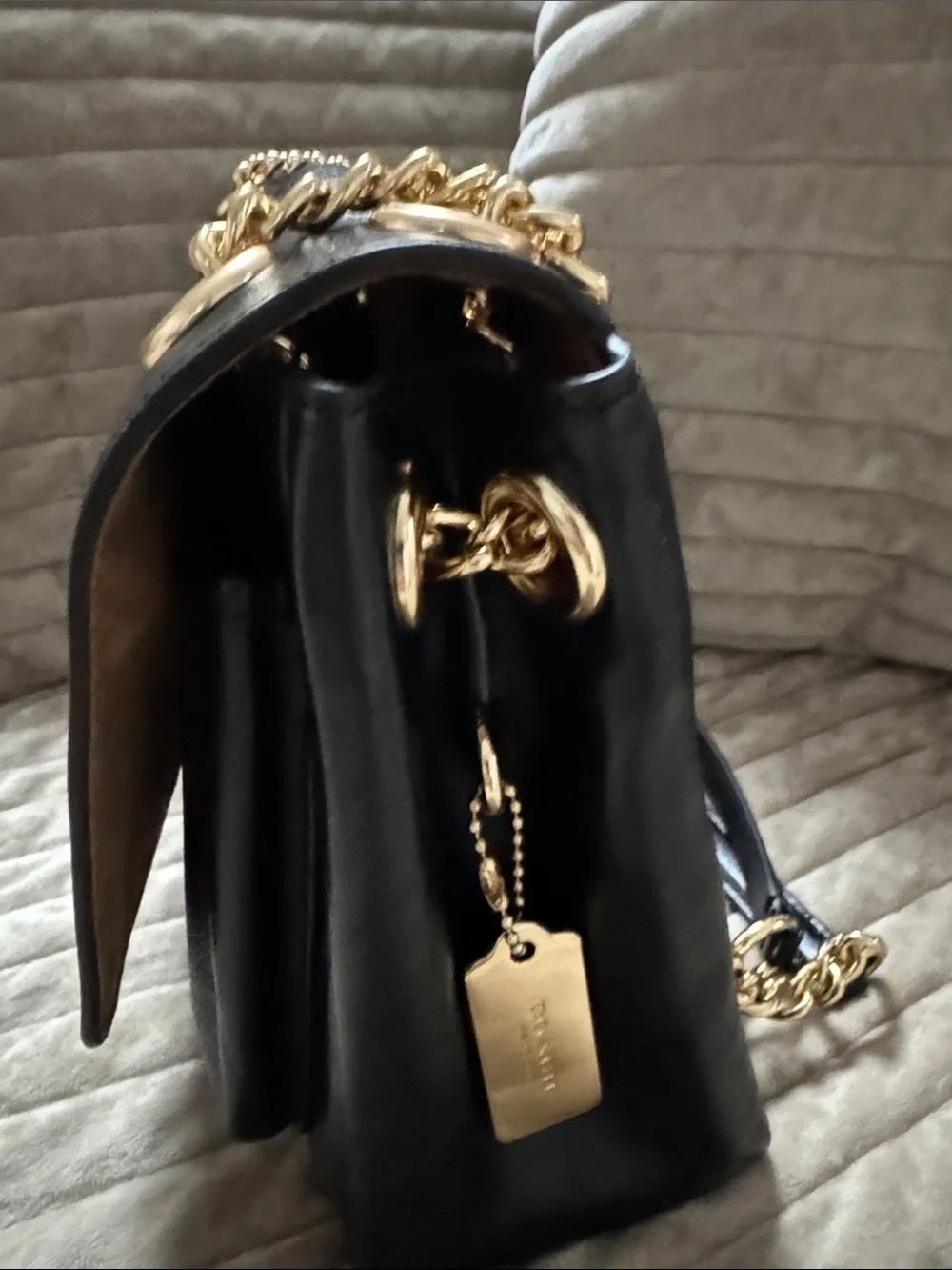 Coach Black Leather Shoulder Bag with Gold Chain